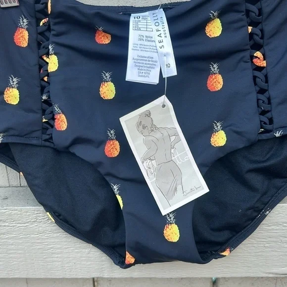 NWT Seafolly Summer Crush Bikini Bottom Brief Hawaiian Tiki Pinup Pineapple US 6 - Picture 3 of 4
